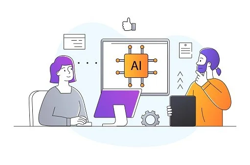 illustration of two people looking at computers and thinking