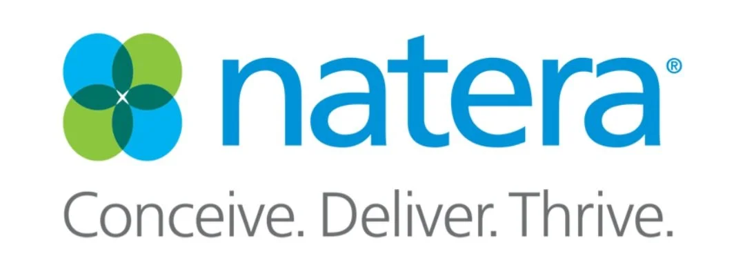 Natera logo with a blue and green flower symbol and the words "Natera" and "Conceive. Deliver. Thrive."