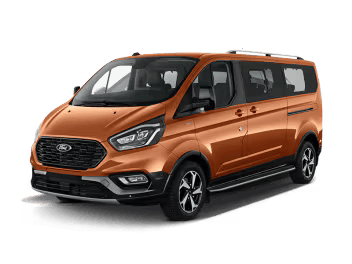 Orange Ford Transit passenger van with black accents and tinted windows