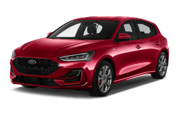 Red sports hatchback car facing slightly to the left with black windows and sleek design