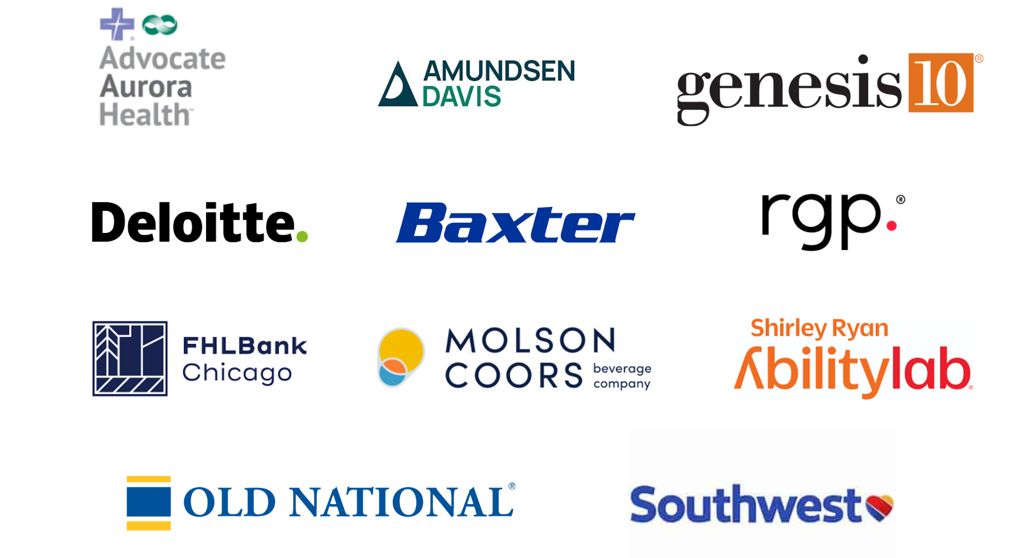 logos of Advocate Aurora Health, Amundsen Davis, Genesis10, Deloitte, Baxter, rgp, FHL Bank Chicago, Molson Coors, Shirley Ryan Ability Lab, Old National, Southwest
