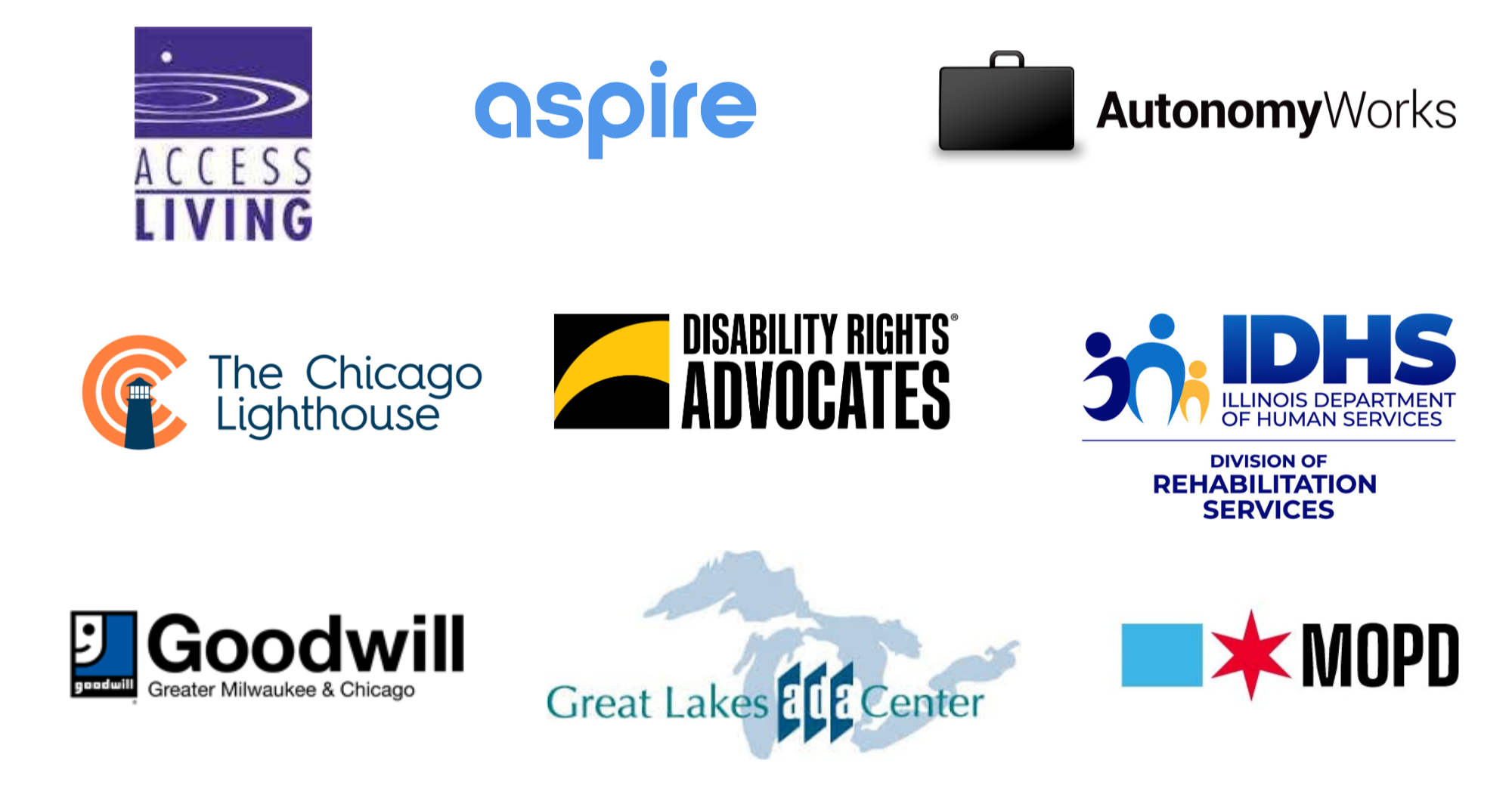 logos of Access Living, aspire, AutonomyWorks, The Chicago Lighthouse, Disability Rights Advocates, IDHS, Goodwill, Great Lakes ADA Center, MOPD