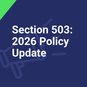 Navy blue background with white text that reads, "Section 503: 2026 Policy Update" with a megaphone icon in the background