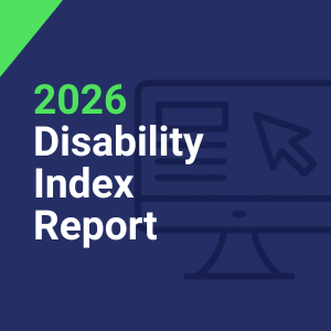 Text reads, "2026 Disability Index Report" in light green and white against a dark blue background with an icon of a computer in the background