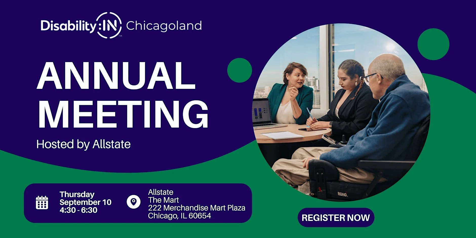 Graphic with blue and green abstract shapes. White text reads: “ANNUAL MEETING: Hosted by Allstate", September 10, 4:30-6:30pm, Allstate, The Mart, 222 Merchandise Mart Plaza, Chicago
