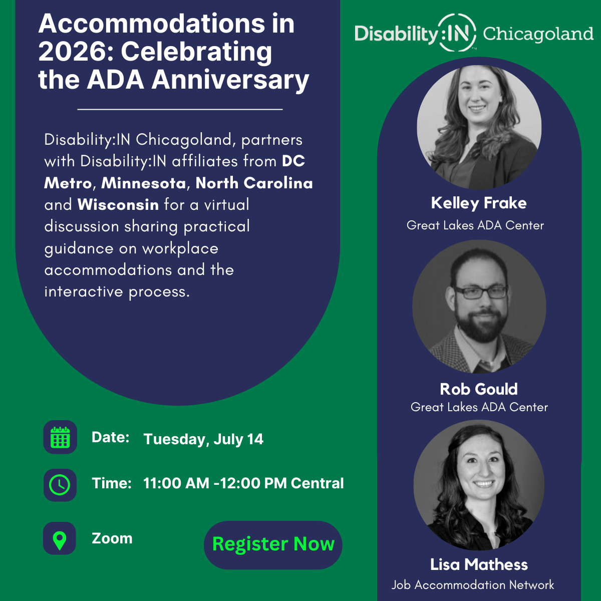 Green background navy blue rounded accents; on the left "Accommodations in 2026: Celebrating the ADA Anniversary - Disability:IN Chicagoland, partners with affiliates from DC Metro, Minnesota, North Carolina & Wisconsin, for a virtual discussion