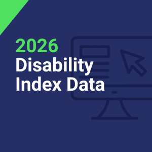 Text reads, "2026 Disability Index Data" in light green and white against a dark blue background with an icon of a computer in the background