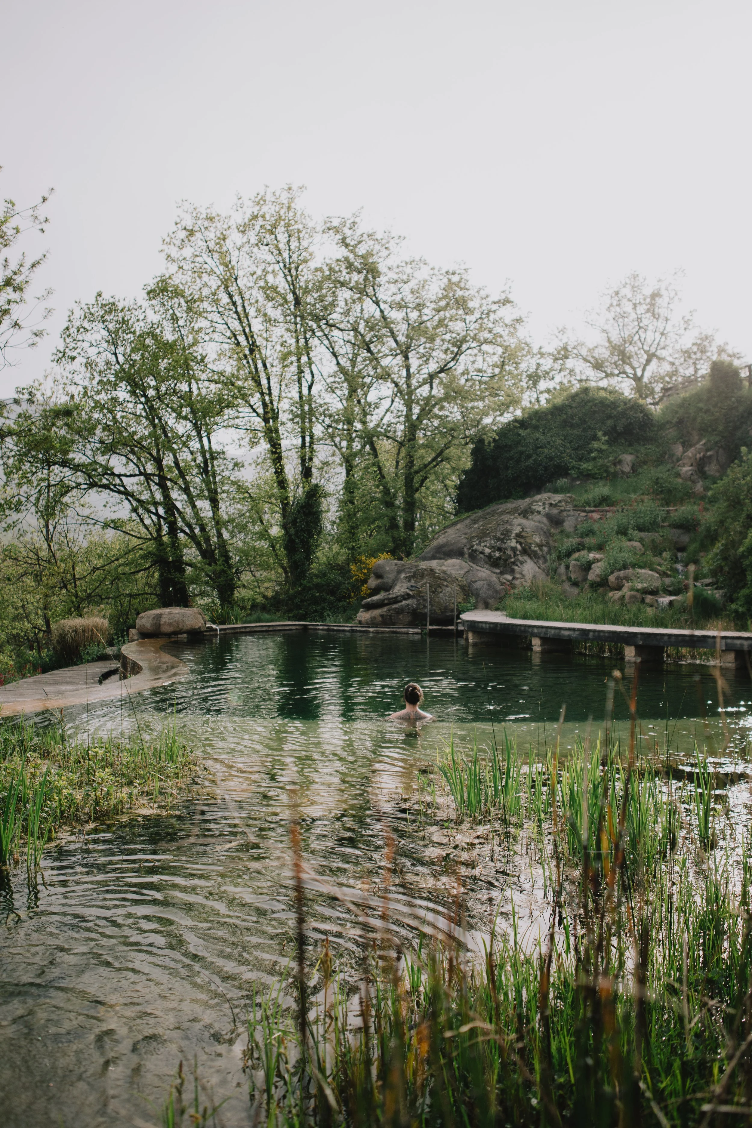 A person swimming in a natural-looking pond surrounded by trees and rocks.