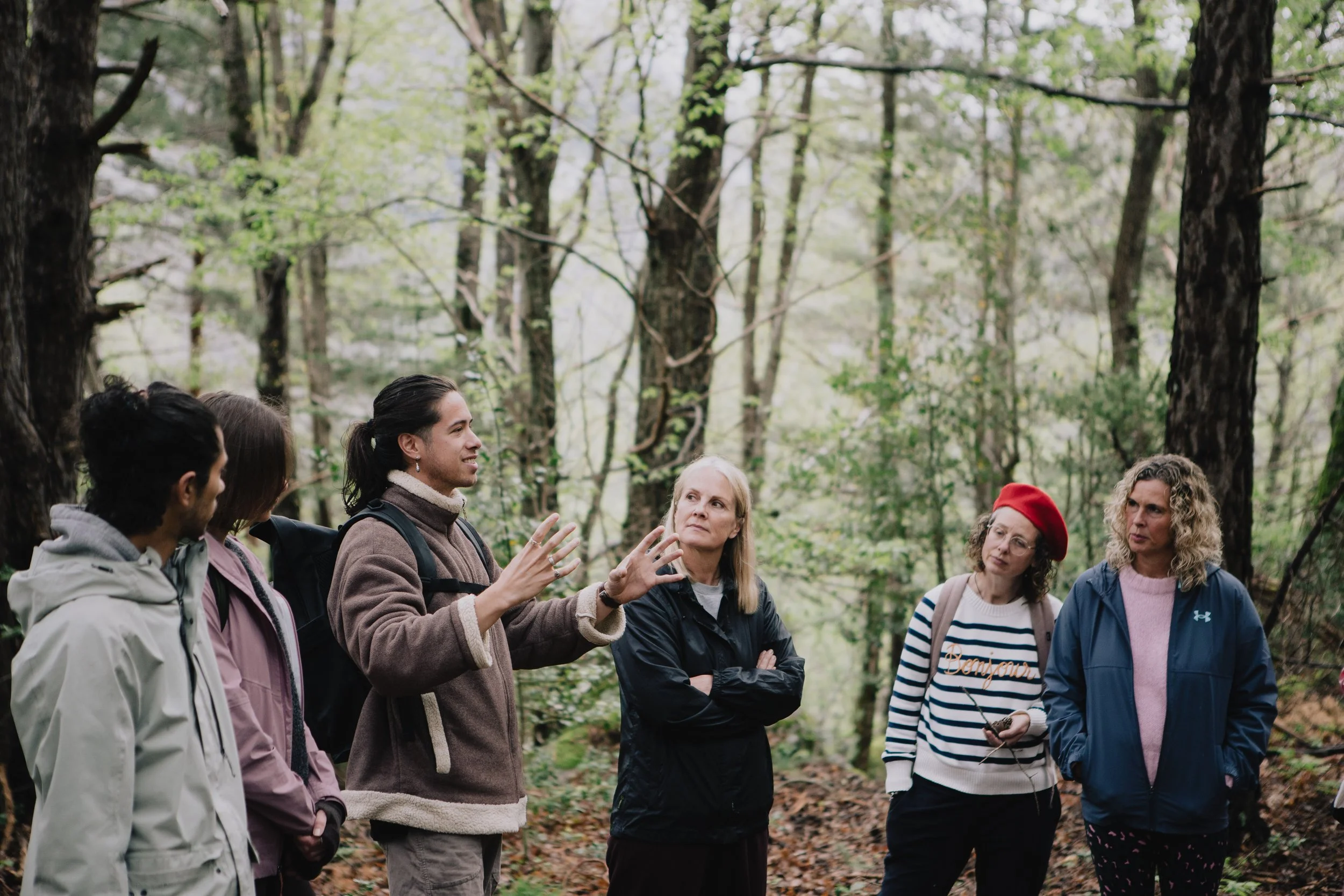 A group of six people listening to a guide in a forest during daytime.