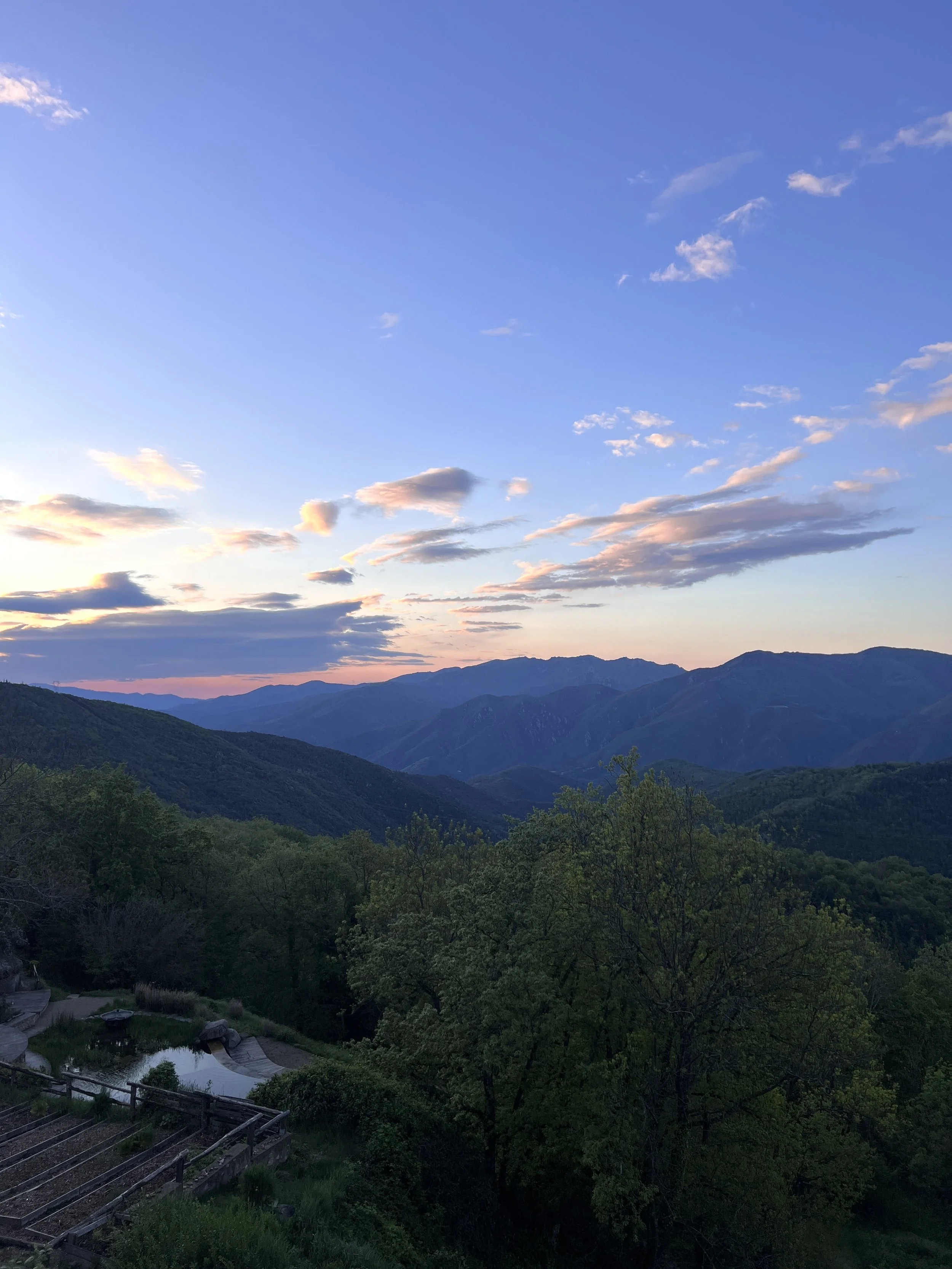 Mountain landscape during sunset with green trees in the foreground, rolling hills, and mountains in the distance under a blue sky with scattered clouds.