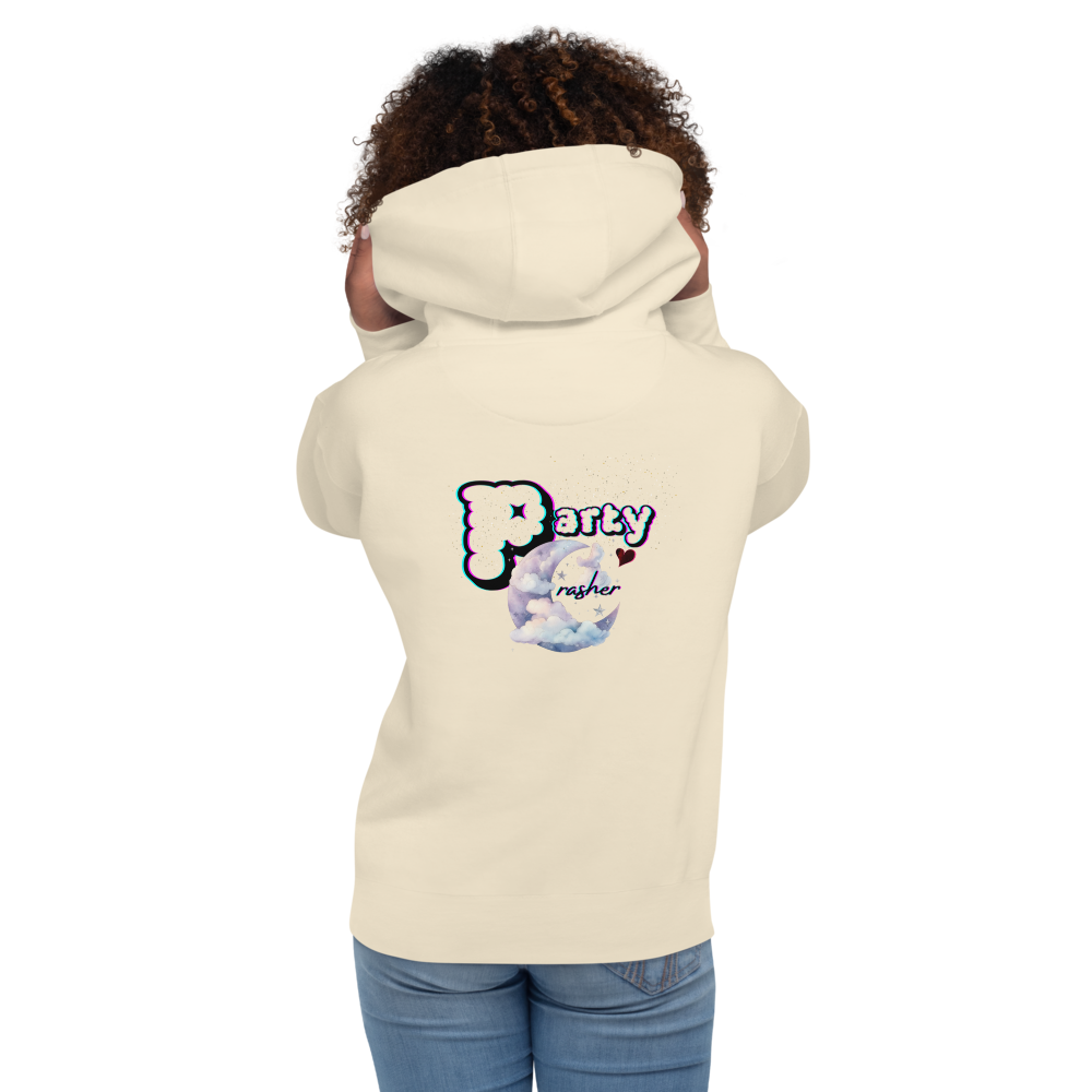Back view of a person wearing a white hoodie with a colorful graphic and text on the back, featuring clouds, a moon, and a small heart.