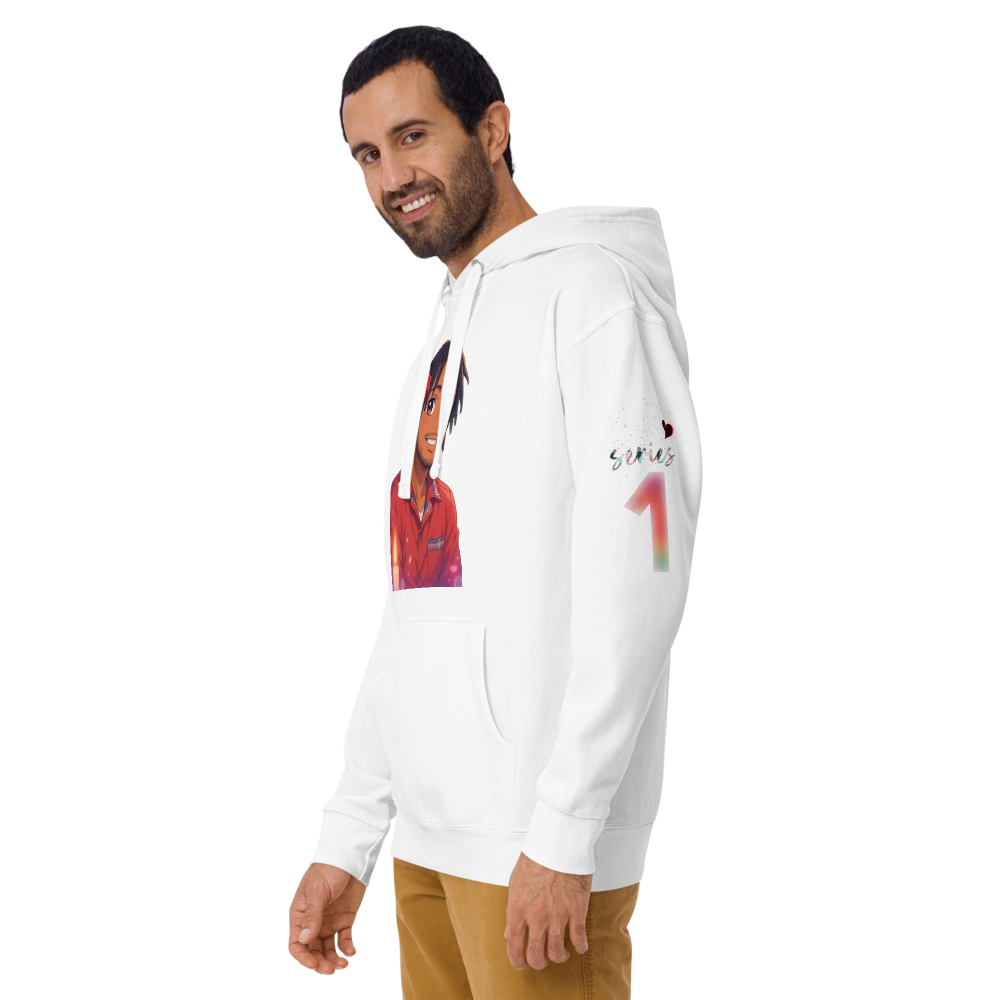 Man wearing a white hoodie with animated character print on the front and colorful design on the sleeve, standing sideways and smiling.
