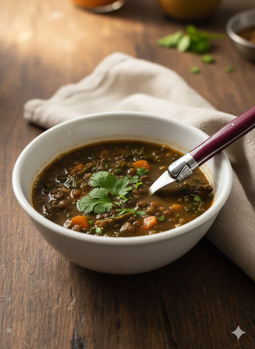 Bowl of hearty lentil soup garnished with cilantro on a wooden table.