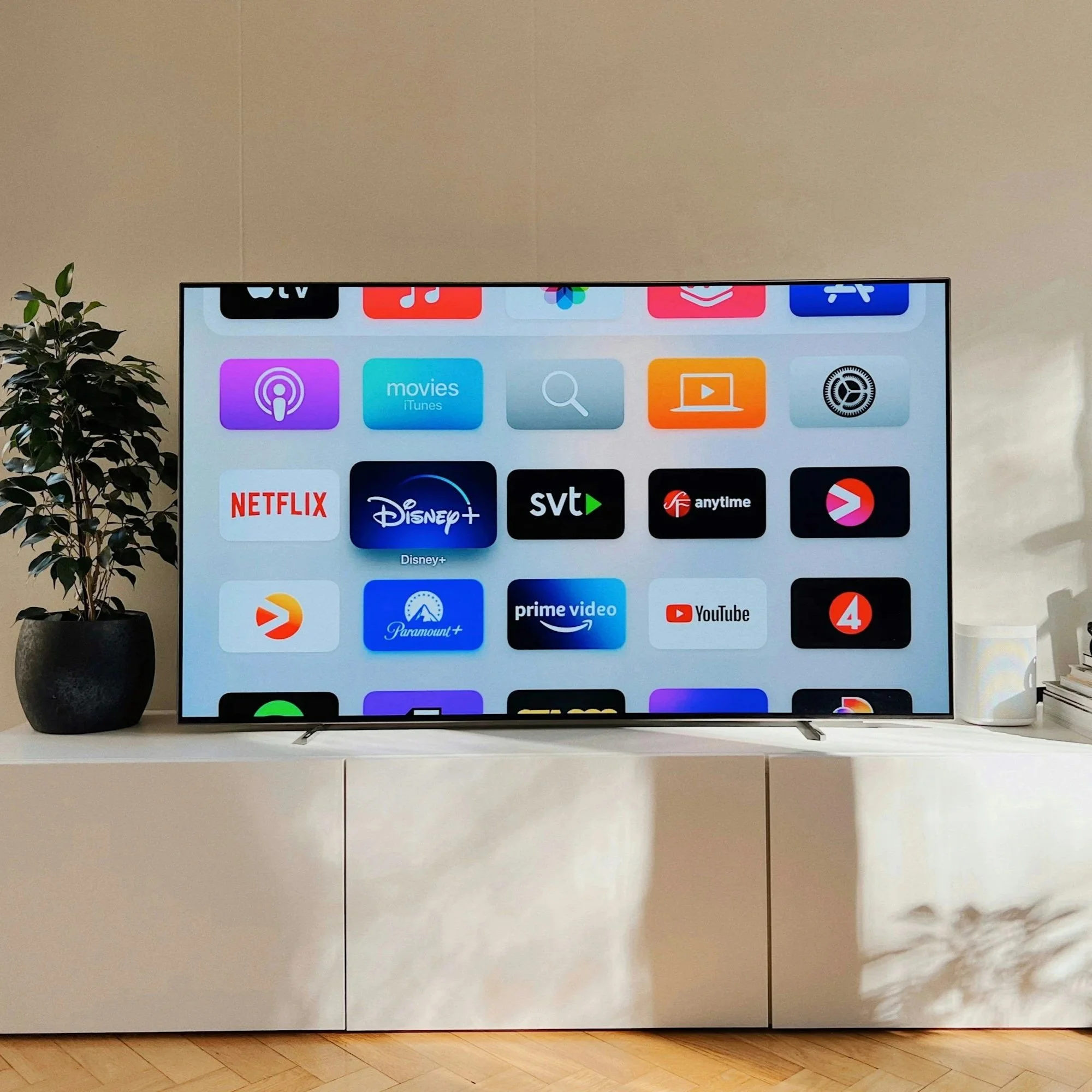 Flat-screen television displaying various streaming service icons, placed on a white cabinet with a potted plant on the left and a small speaker on the right.