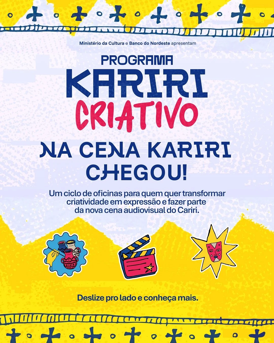 Imagina um espaço onde audiovisual se mistura com música, moda, artesanato e muita criatividade.
🎥 Um lugar pra experimentar, aprender e colocar suas ideias em prática.
Conheça o Na Cena Kariri: um ciclo de oficinas que