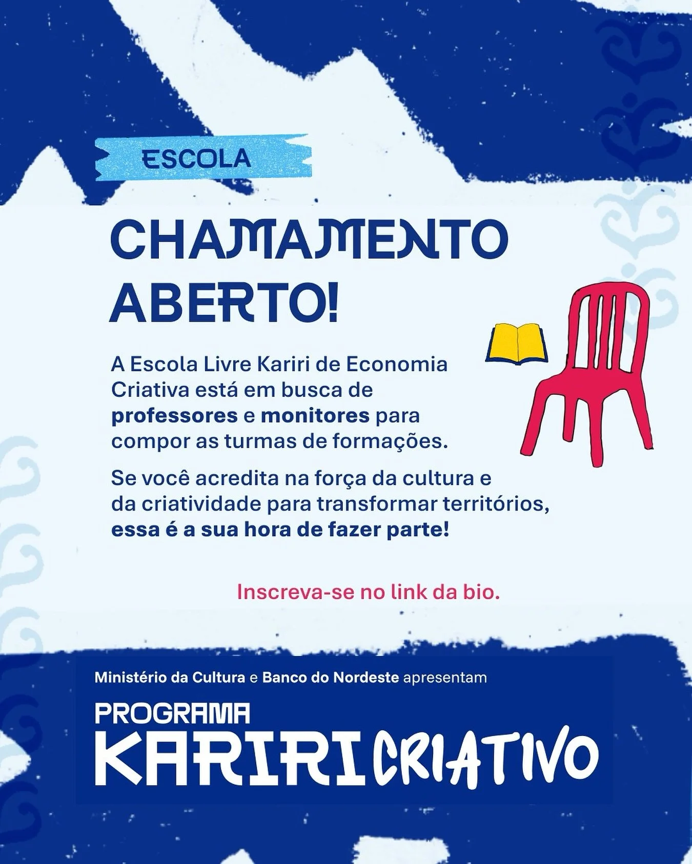 A Escola Livre Kariri de Economia Criativa está selecionando professores e monitores para integrarem a primeira edição dos cursos livres que vão acontecer em diferentes cidades do Cariri.
Se você é educador,