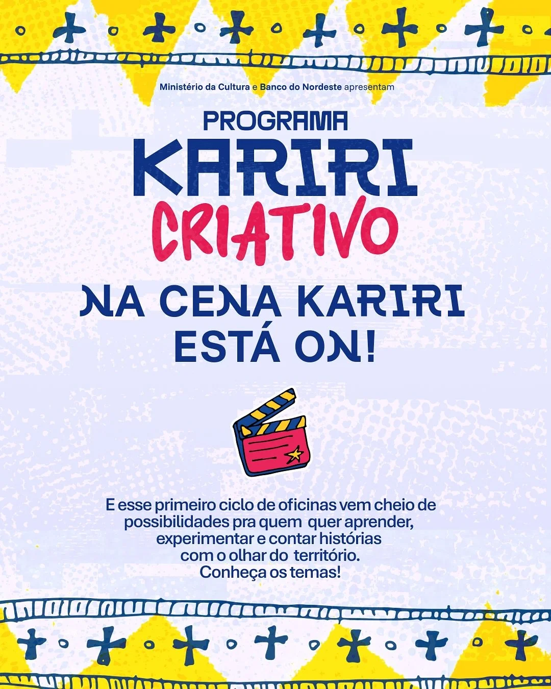 🎬✨ As inscrições estão abertas para TODAS as oficinas do Na Cena Kariri!
Uma imersão criativa no audiovisual, conectando jovens, artistas e fazedores de cultura do território.
🎥 São várias oficinas