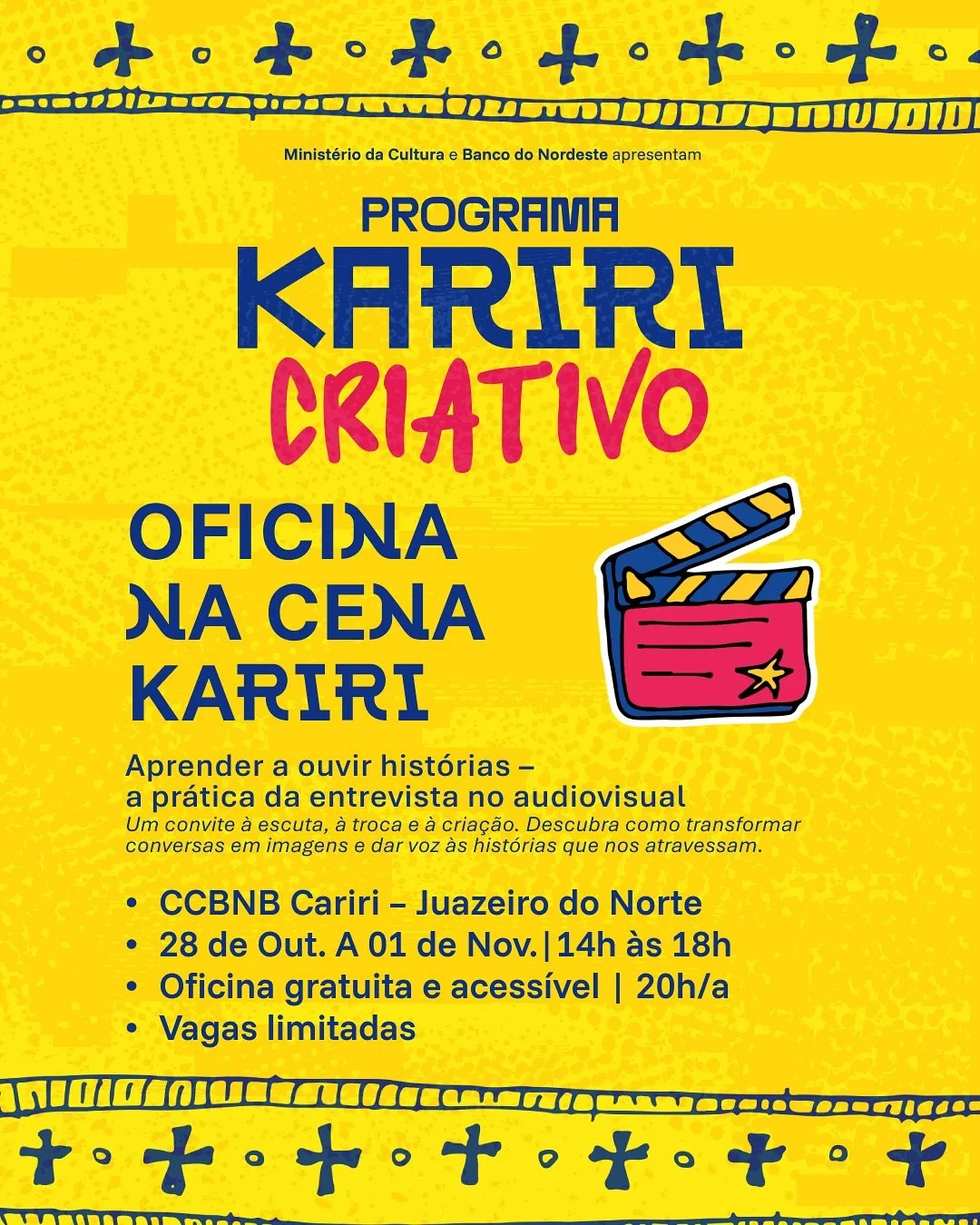 🎬 Na Cena Kariri: aprender a ouvir histórias
Ouvir também é uma forma de criar.
A oficina “Aprender a ouvir histórias – a prática da entrevista no audiovisual”, com Wylliana Nascimento, convida a