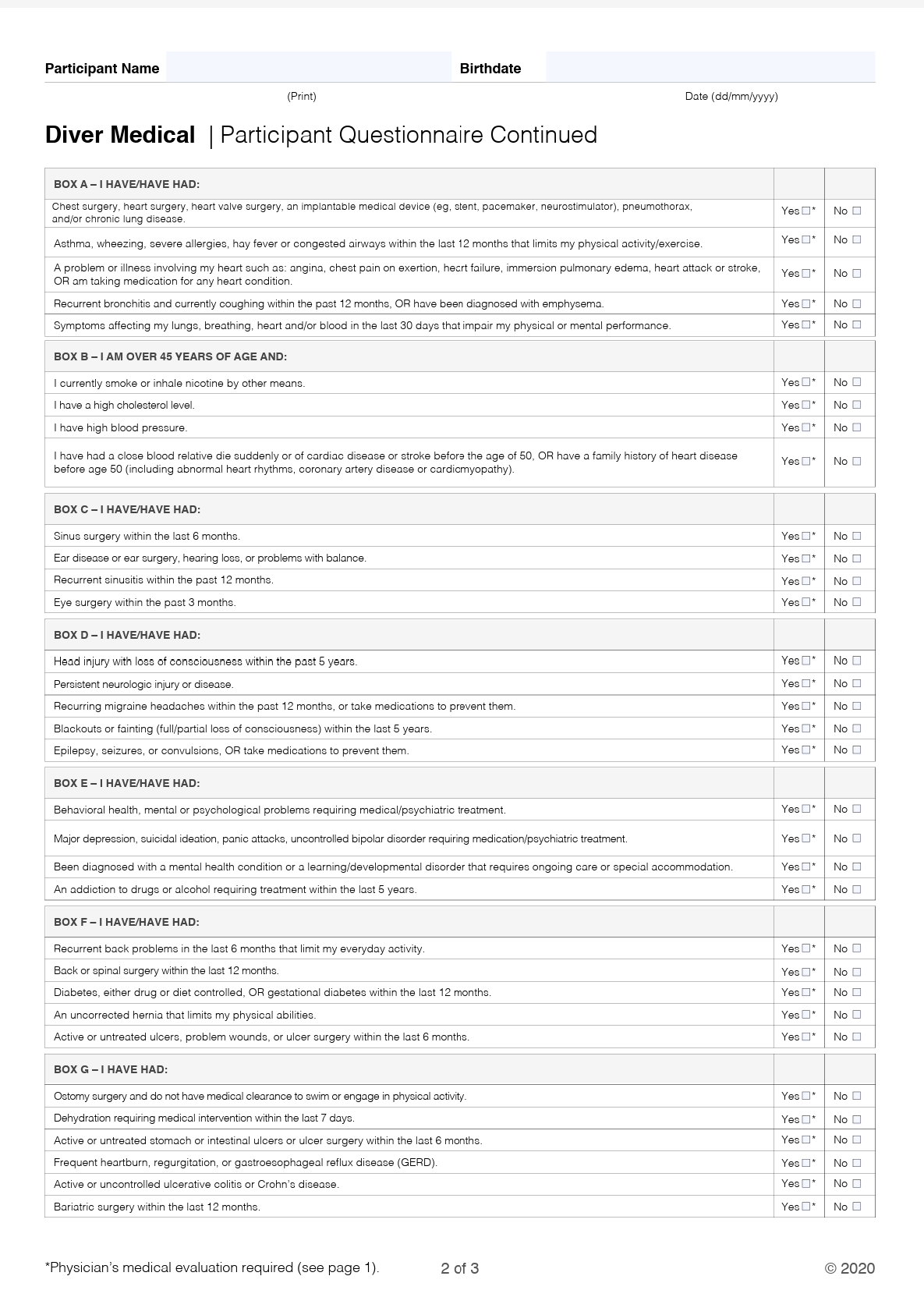 Diver Medical Questionnaire Page 2