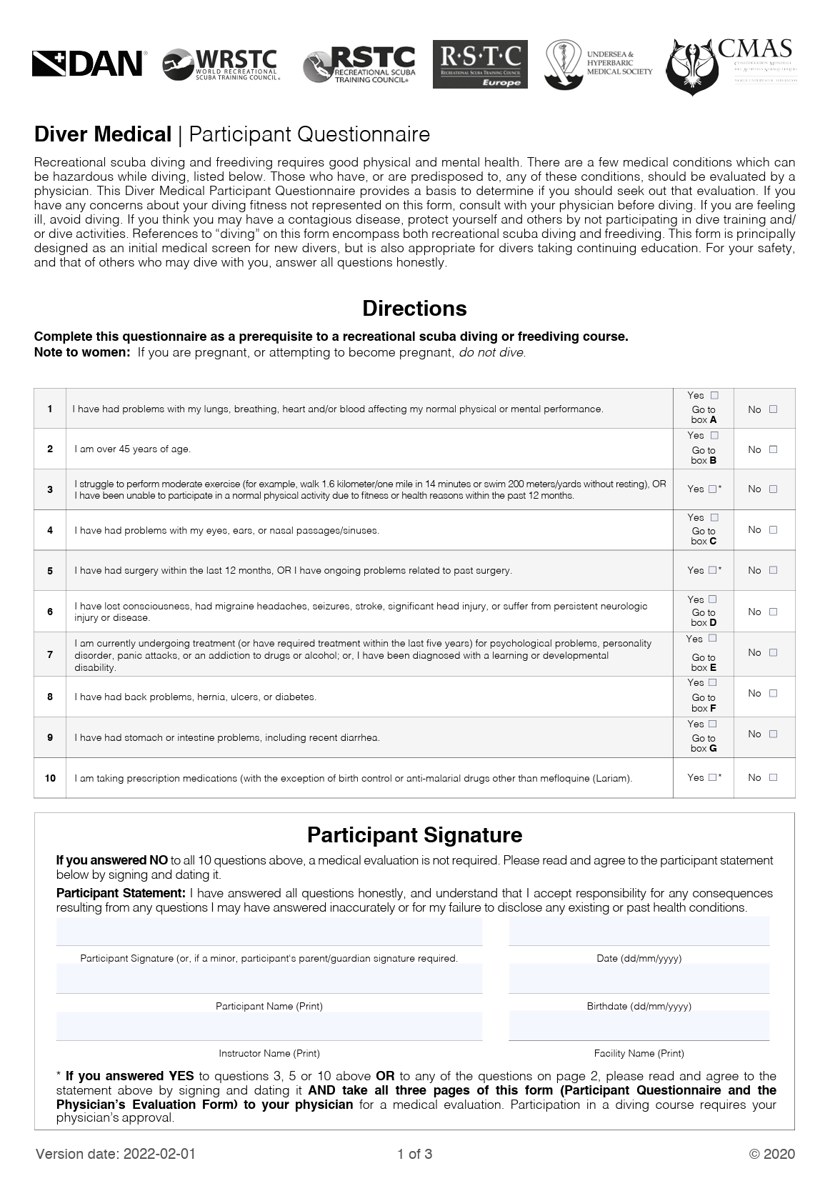 Diver Medical Questionaire Page 1