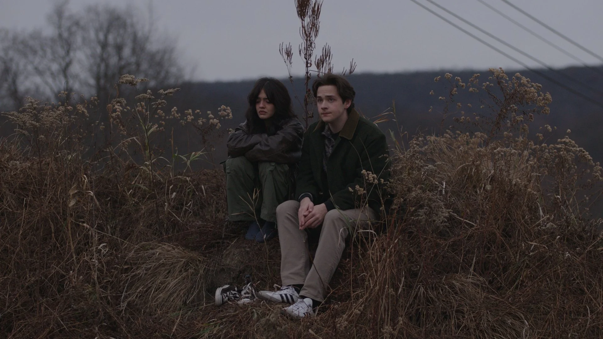 A young man and woman sitting in a field with dry grass and plants on a cloudy day.