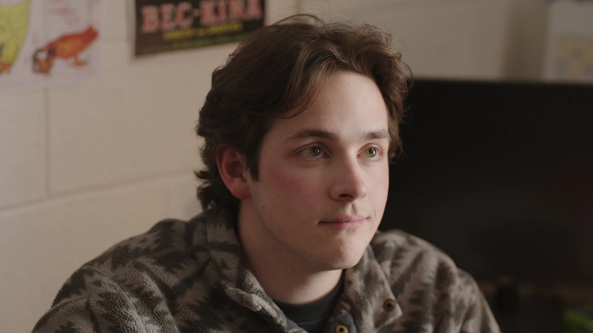 A young man with brown hair and fair skin sitting indoors, wearing a patterned button-up shirt, looking slightly to the side with a neutral expression.