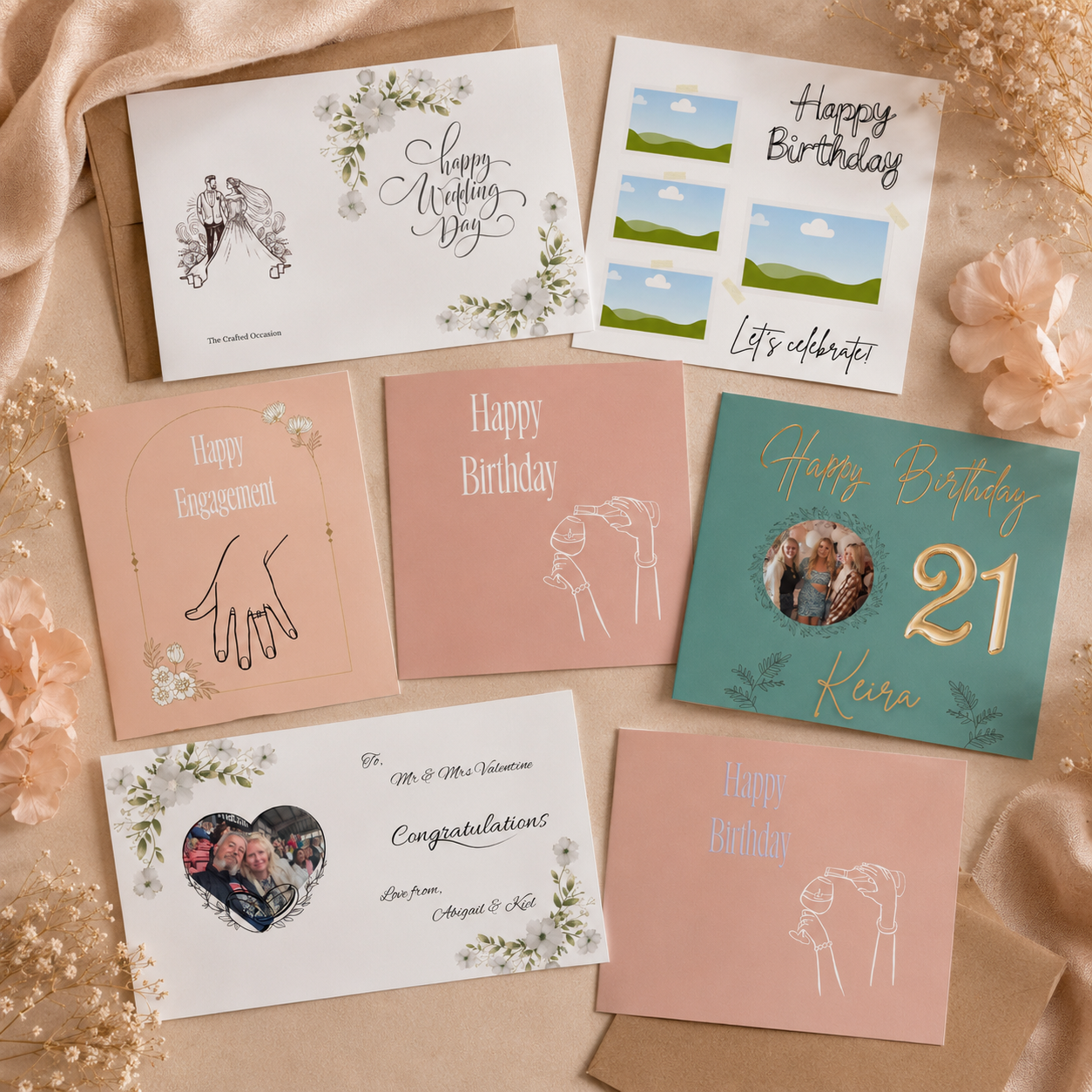 Collection of greeting cards for various celebrations including wedding, birthday, engagement, and anniversary, with floral decorations and a photo of a couple in a heart-shaped frame.