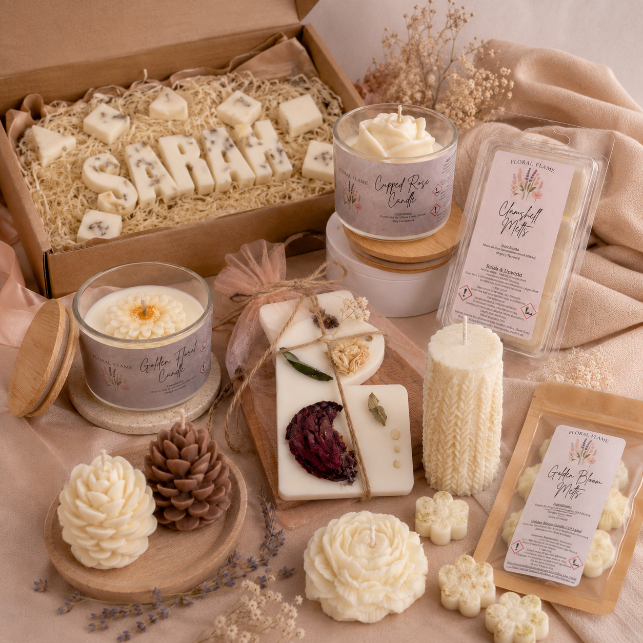 Collection of floral-themed candles and wax melts, including carved rose, sunflower, pinecone, and floral designs, displayed on a beige fabric surface with dried flowers and a gift box in the background.