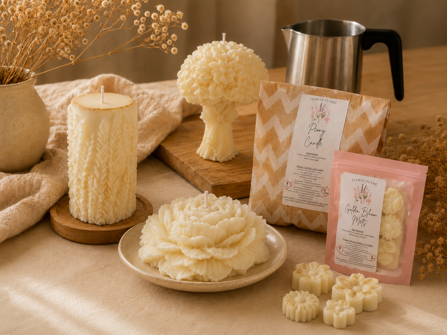 Decorative candles shaped like flowers and a bouquet, along with flower-shaped wax melts, are displayed on a table with beige and neutral decor, including a vase with dried flowers, a cloth, and a wooden cutting board.