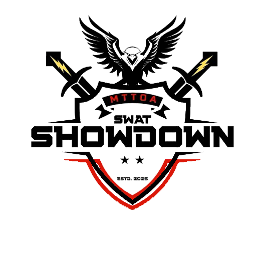 Logo for MITOA SWAT Showdown featuring an eagle with outstretched wings holding two swords with lightning bolts, a shield, and the text 'EST. 2025'.