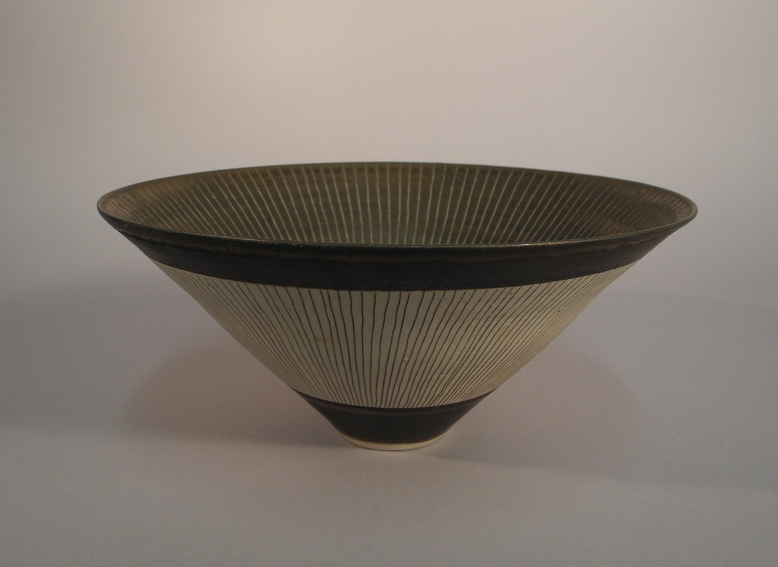 Dame Lucie Rie (British, 1902-1992); Untitled bowl; Sgraffito decorated porcelain; 2017.7.44; 4.25 x 9 x 9"; Gift of Daniel J. and Edith A. Ehrlich