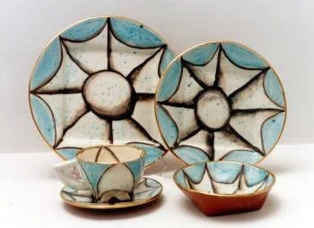 Patrick Loughran; Aqua Blue – 5 piece place setting, 1988; 1999.8.12 A-E; Large plate 11 ½” d; medium plate 8 1/8” diameter; bowl 6 ¼” diameter; saucer 6 3/8” diameter; cup 3”h x 5 3’4”w; Garth Clark and Mark Del Vecchio, Garth Clark Gallery