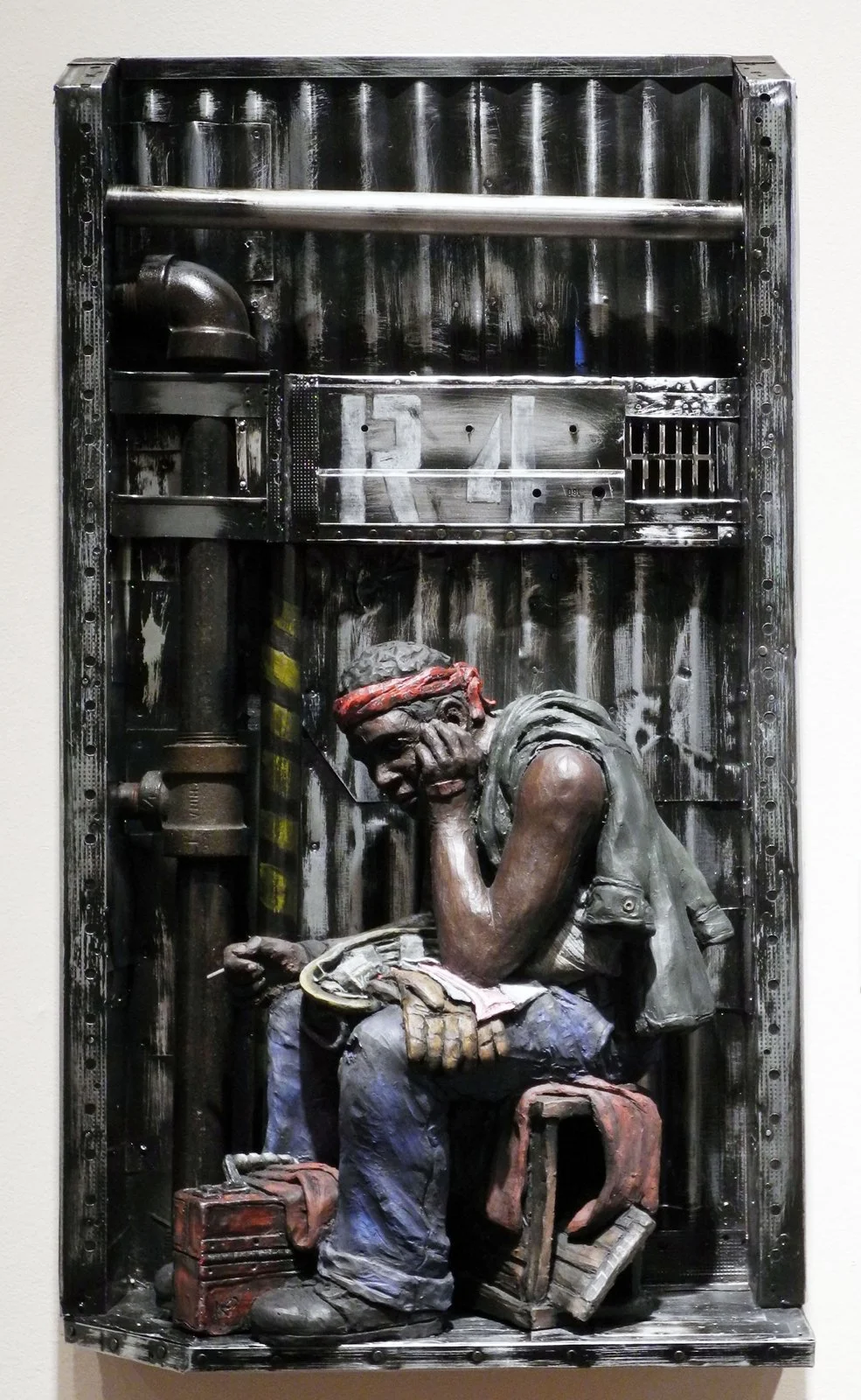 Kyle and Kelly Phelps; News of the Layoff, 2012; 2012.21; 28.5” x 16” x 7"; Ceramic, found objects; Museum purchase with funds from the SAMFA Collectors Society