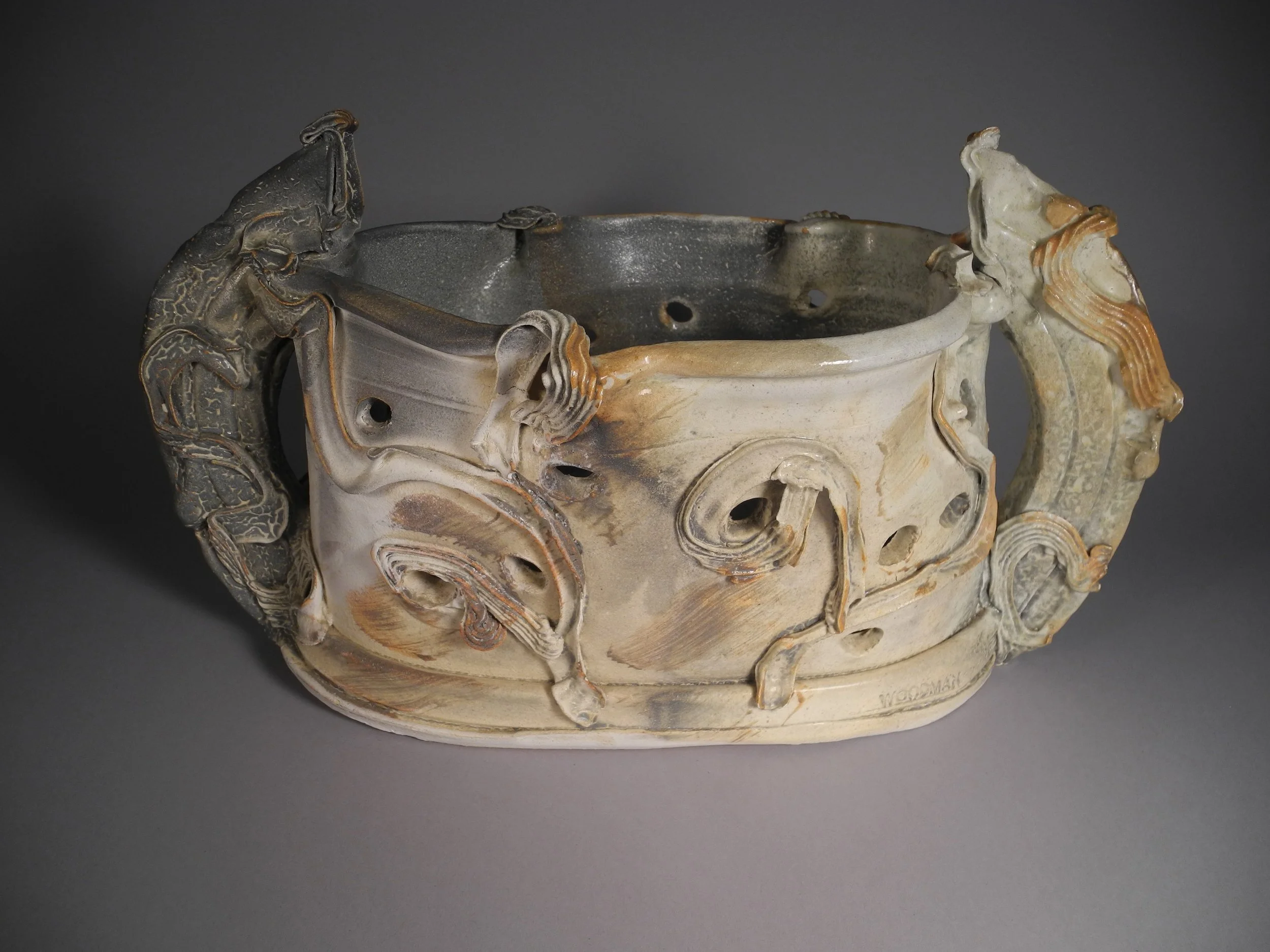 Betty Woodman (American, 1930-2018); Untitled (two-handled vessel), n.d.; Thrown and altered earthenware; 2017.7.60; 9.5 x 16 x 8"; Gift of Daniel J. and Edith A. Ehrlich