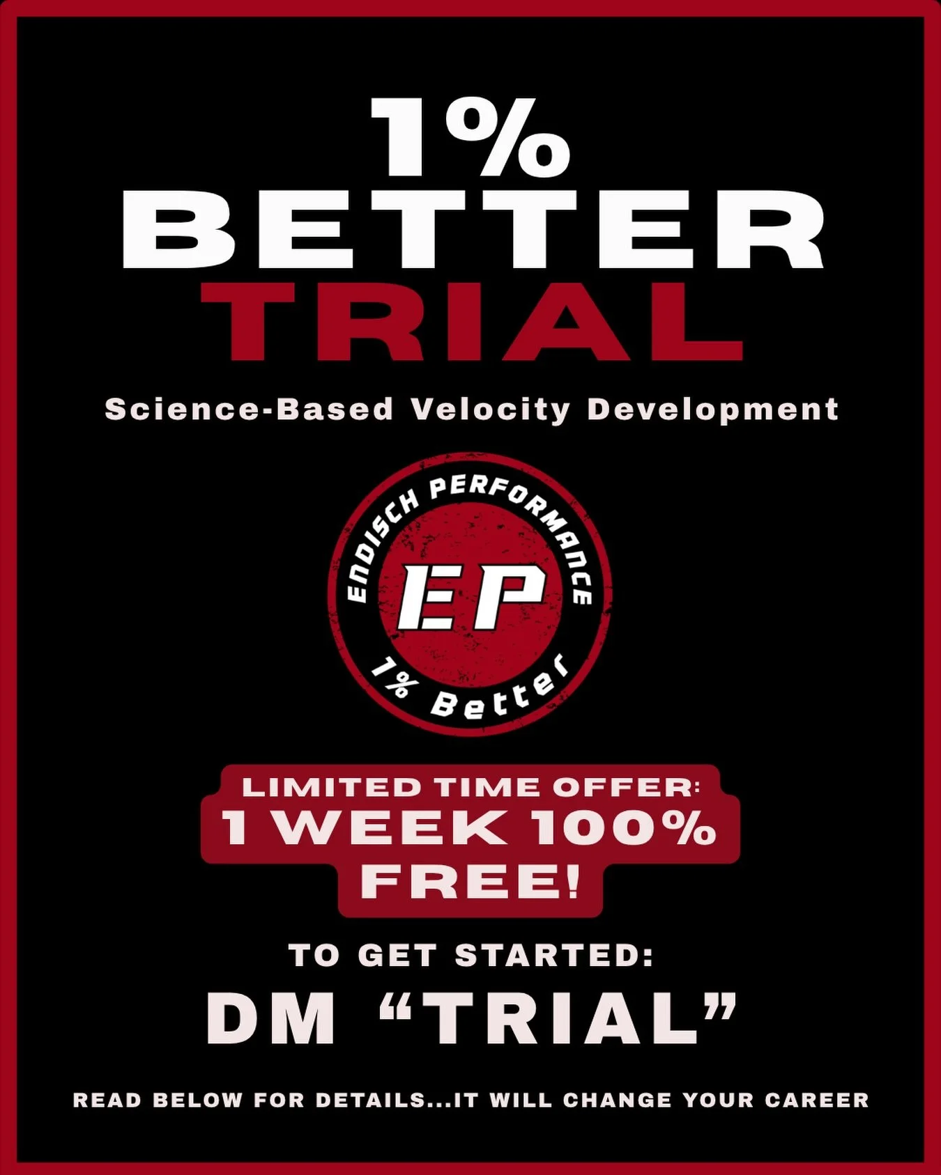 Full Program Free Trial‼️

Never been a better way for you to get a feel for what it&rsquo;s like to train with me, 100% free.

What&rsquo;s included:
- GENERALIZED 1 Week Program 
- Strength &amp; Conditioning, Correctives (mobility), and Throwing P