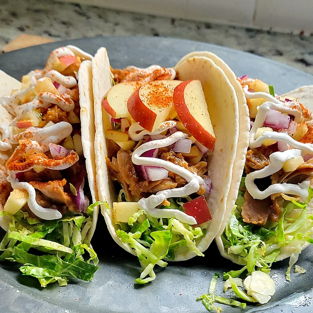 Jackfruit Carnitas Tacos with Sweet Apple Onion Salsa