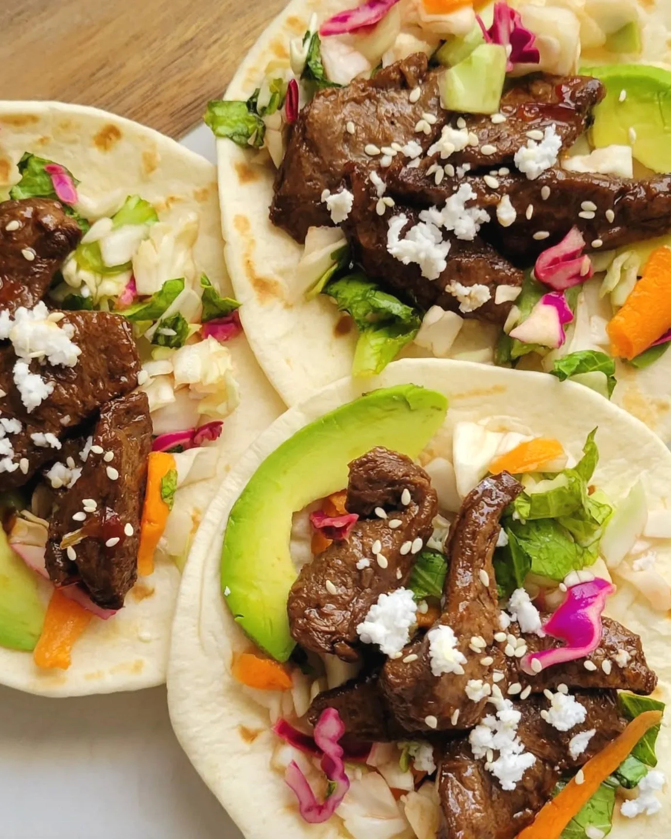 These Korean BBQ inspired Steak Tacos come together so easy! I used a bagged salad mix I had on hand for the cabbage I needed and just did a quick pickle with white vinegar and red wine vinegar, minced garlic, a splash of lemon juice, salt, pepper an