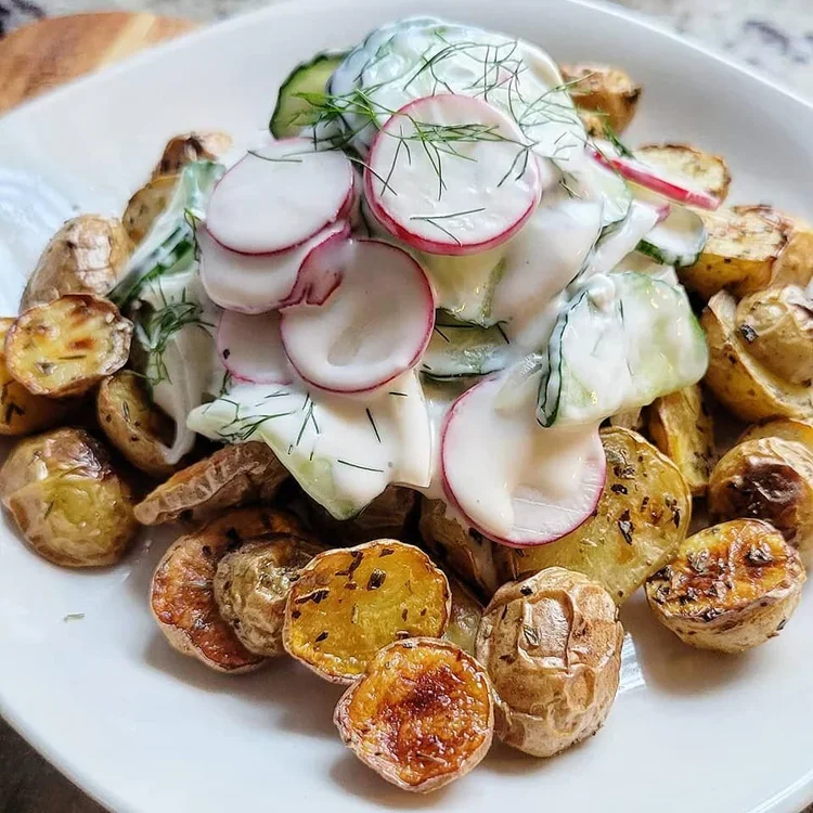 Creamy Cucumber Radish Salad over Roasted Potatoes