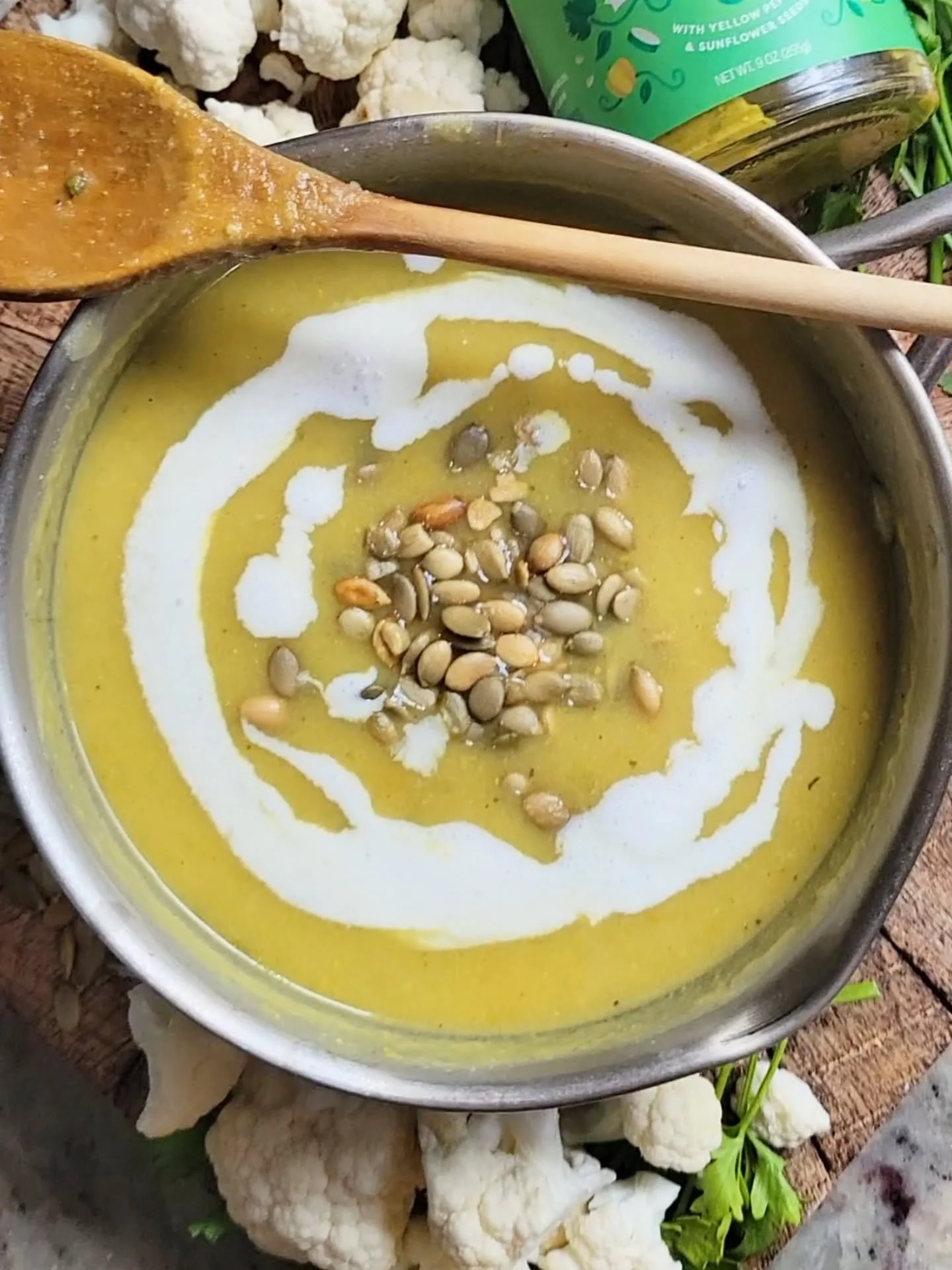 Thanksgiving week calls for easy lifts in the kitchen until the big day rolls around...like this Cauliflower and  Curry Zucchini Soup with dairy free crema and toasted pepitas!
