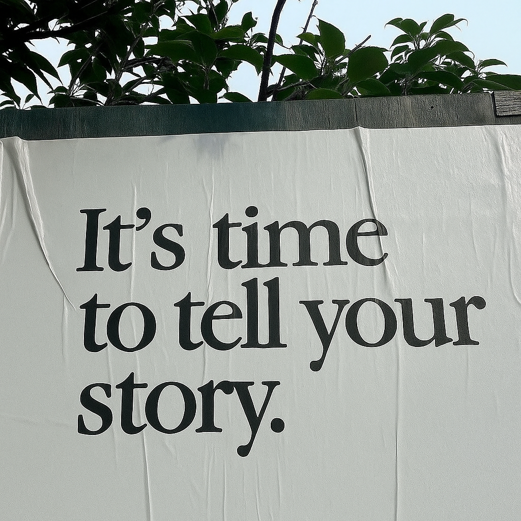 A sign with the message, "It's time to tell your story," against a background of green leaves and a light-colored wall.