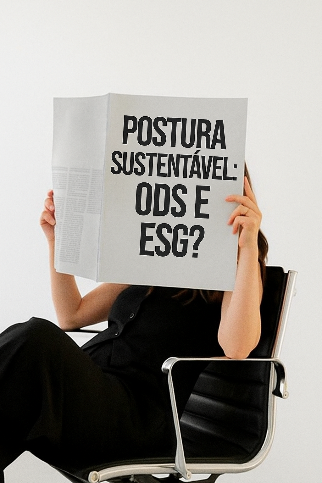 Person sitting in a chair holding a newspaper with a headline about sustainable posture and ethics.