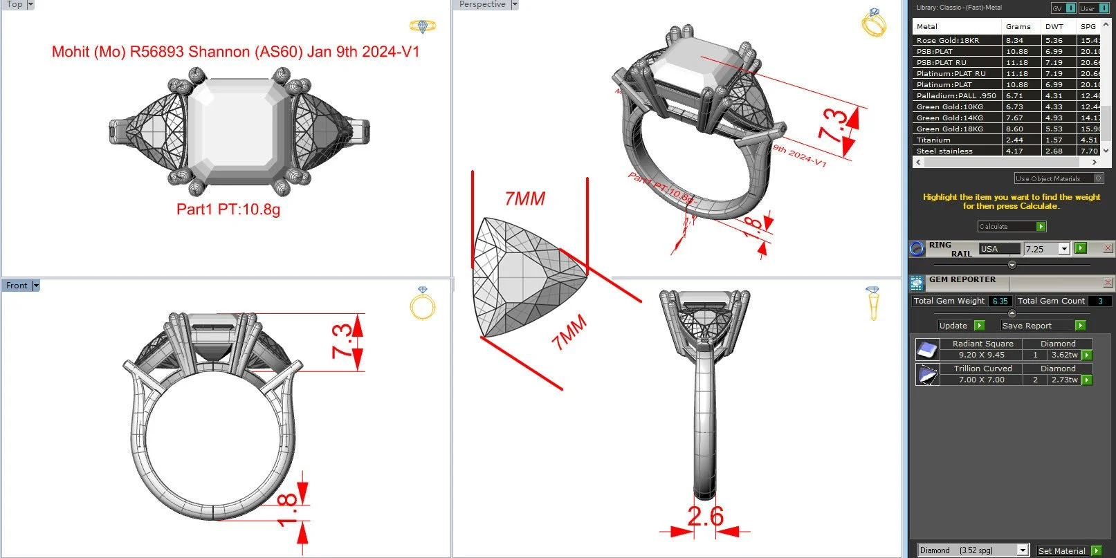 Technical 3D CAD design of a ring with a large central gemstone and smaller side stones, showing various measurements and angles.