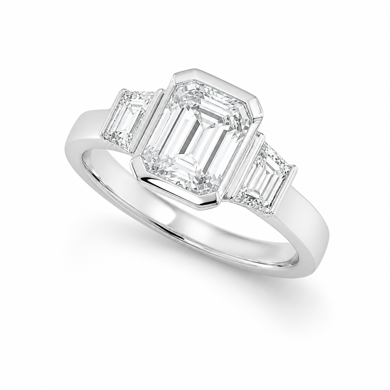 Emerald Cut 3 Stone Bezel Engagement Ring