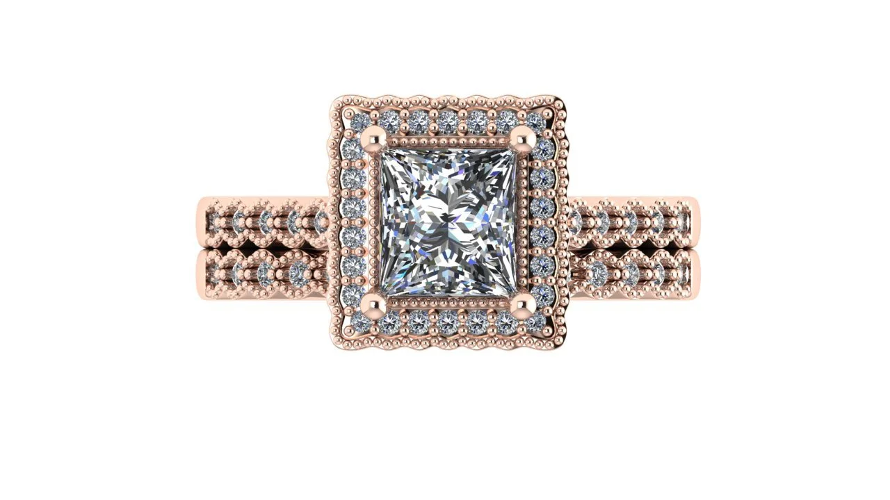 Rose Gold Princess Diamond Pave Wedding Set