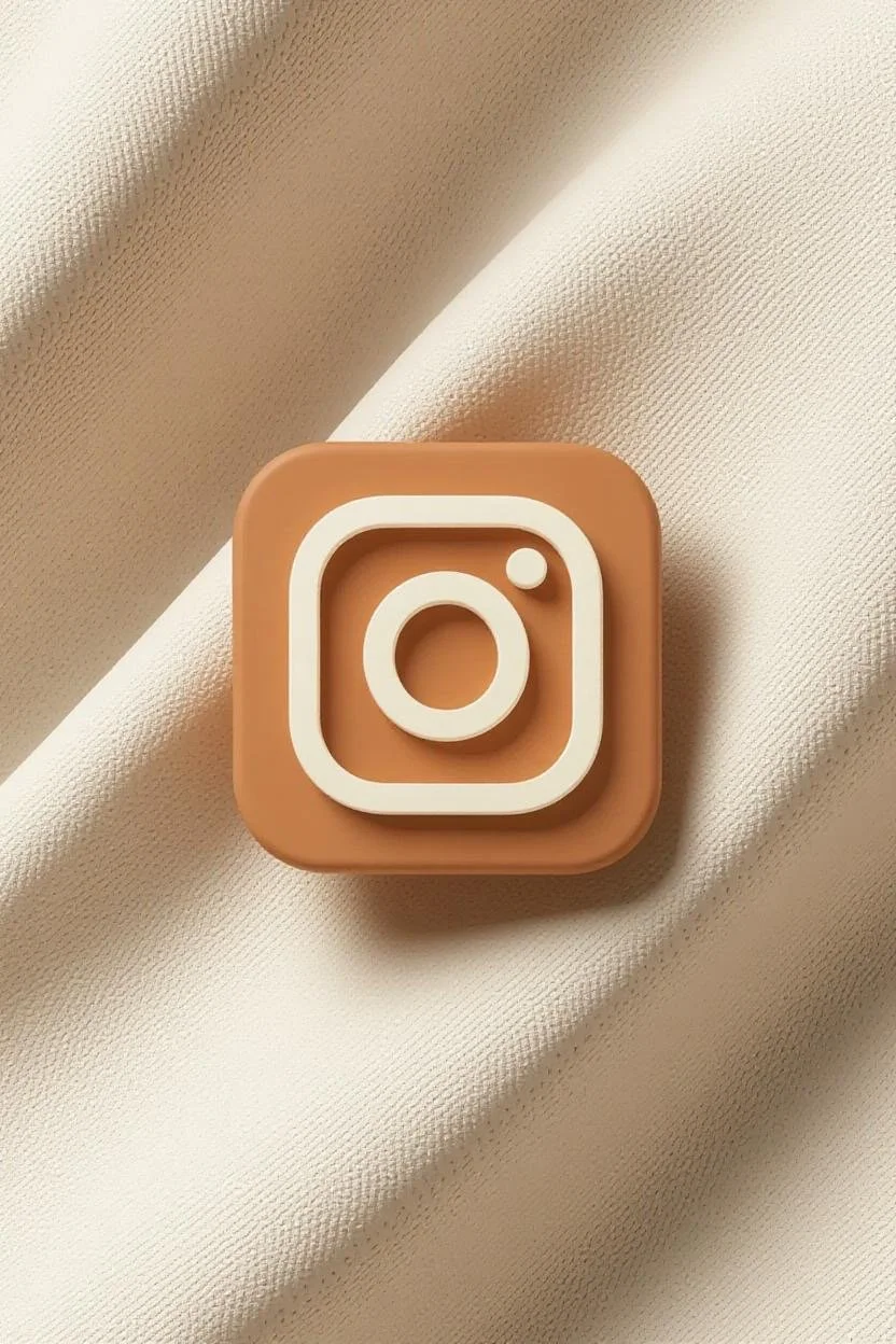 A beige Instagram logo button on a textured cream-colored fabric background.
