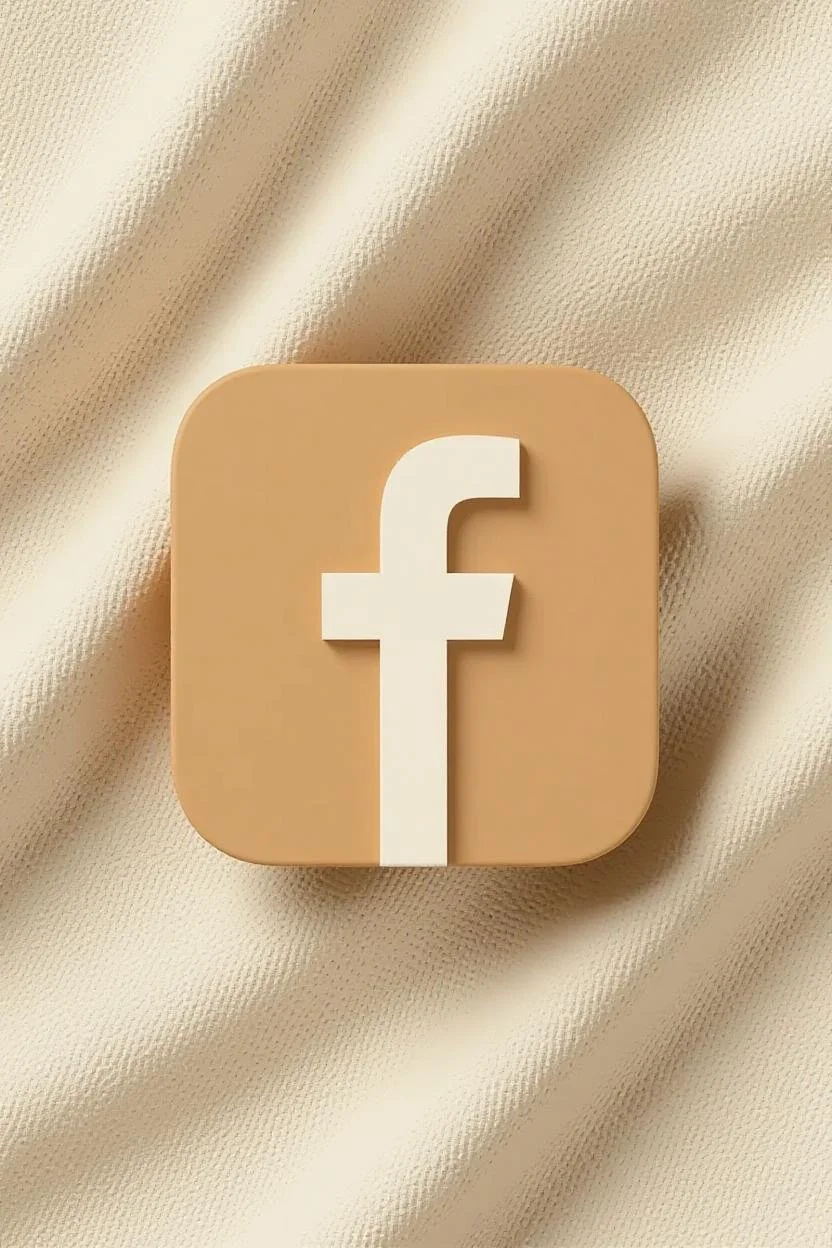 A square Facebook logo with rounded corners, beige background, and a white lowercase 'f' in the center, placed on a textured light-colored fabric surface.