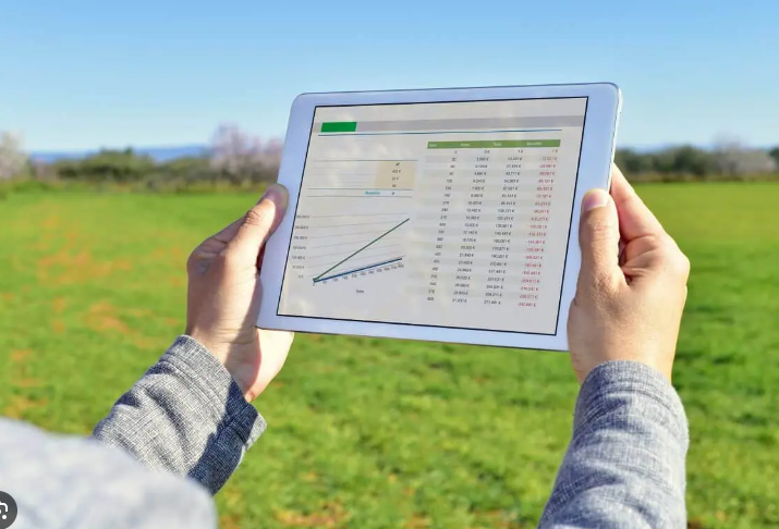 Pessoa segurando um tablet com dados de análise financeira ou agrícola, ao ar livre em um campo verde.