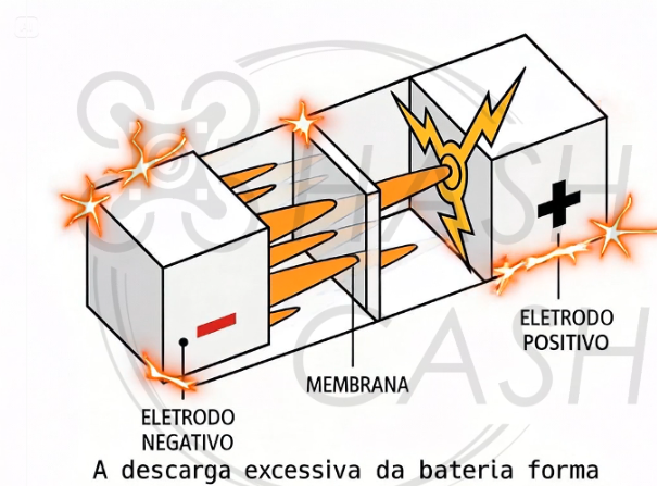 Diagrama ilustrando o funcionamento de uma bateria, com eletrodos negativos e positivos, membrana, e descargas de energia elétrica.