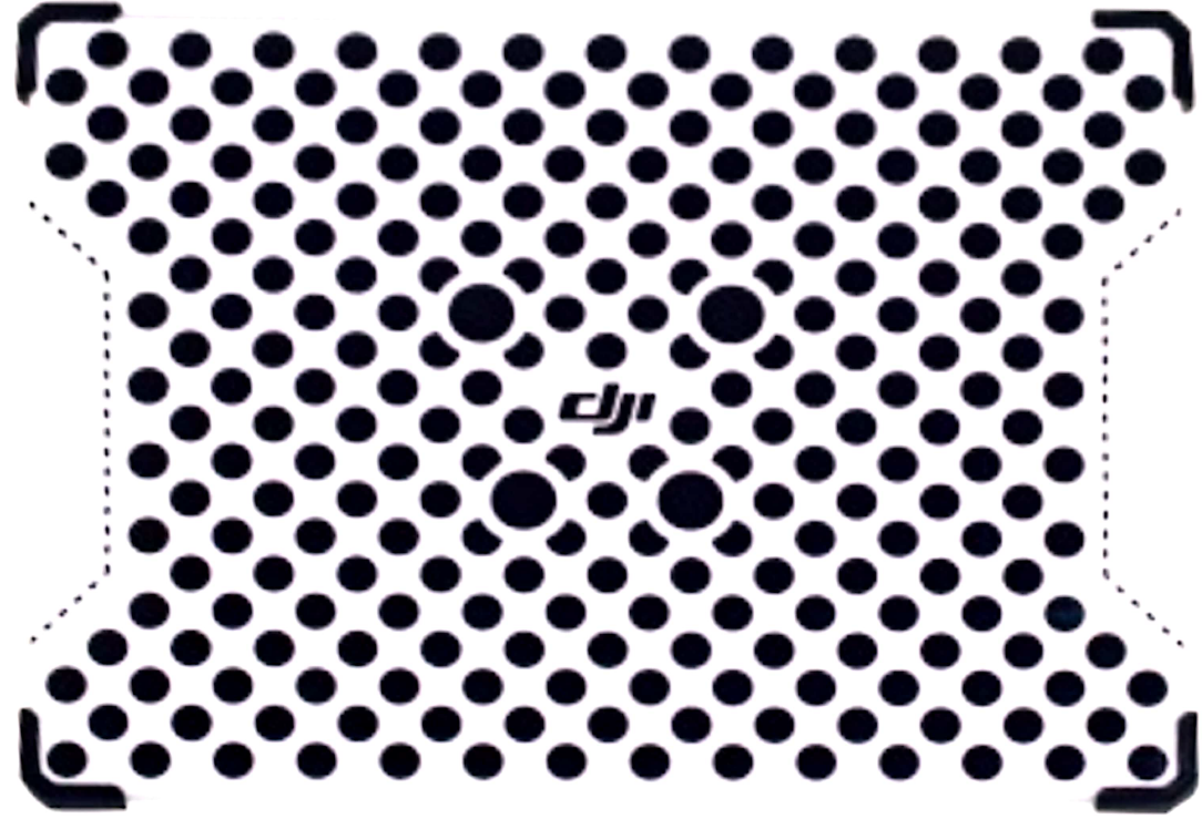 Fundo com padrão de círculos pretos, logo da DJI no centro, bordas arredondadas e detalhes em preto nas pontas.