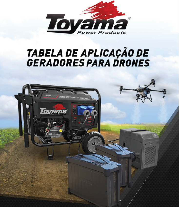 Imagem de geradores Toyama usados para drones, com um drone voando ao fundo em um campo aberto.